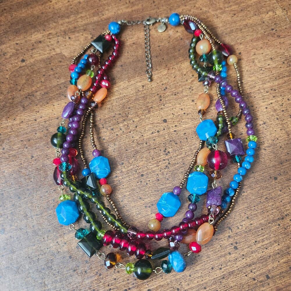 Just Jewelry Signed JJ 5 Strand Acrylic Bead Necklace 21in Adjustable Boho‎ Chic